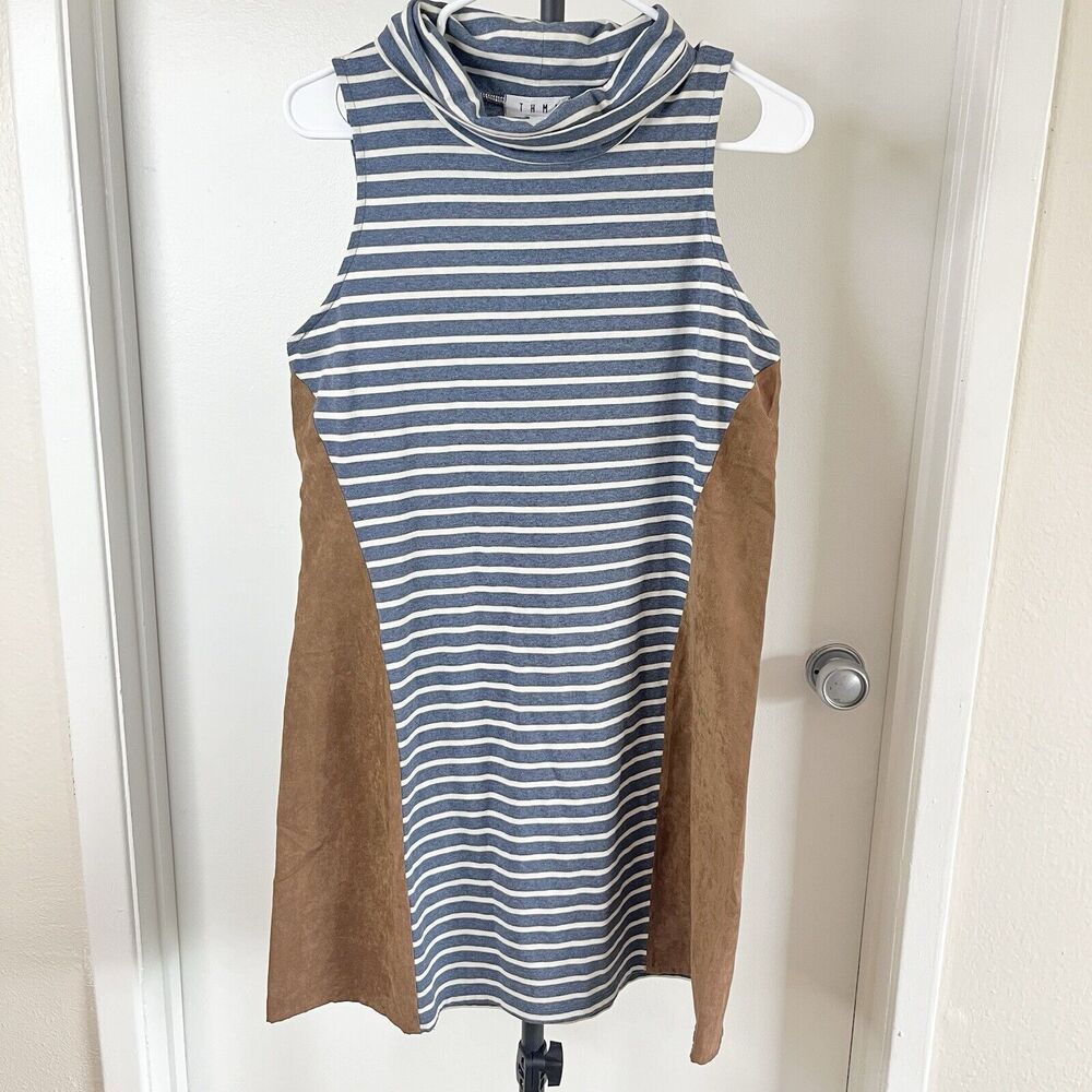 THML Womens Size L Black/White Stripe Tan Faux Suede Knit Tank Dress